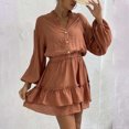 thumbnail image 3 of AherBiu Long Sleeve Dresses for Women Button Down Lapel V Neck Tiered Pleated Ruffle Short Dress, 3 of 7