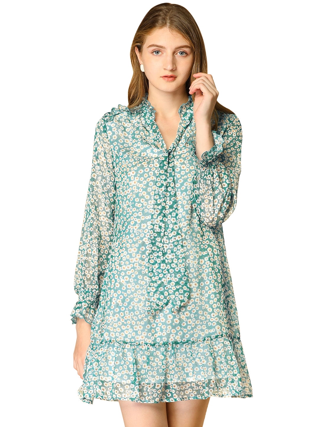 INSPIRE CHIC Women's Ruffle Tie Neck Casual Loose Shift Floral Dress