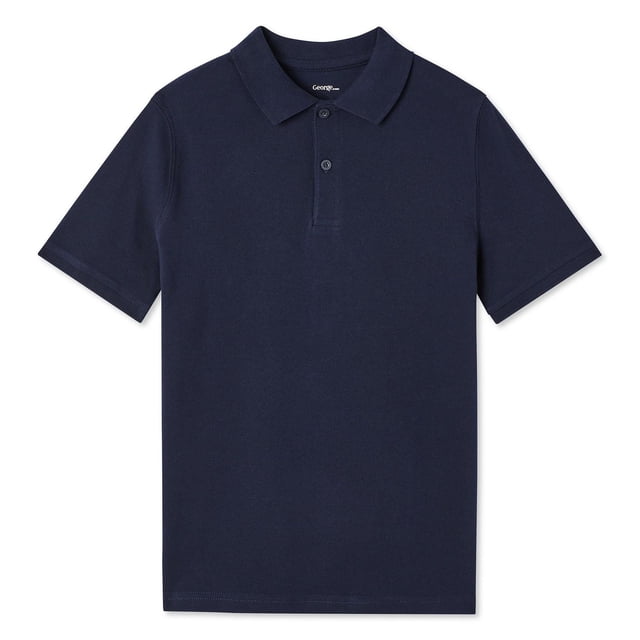 George Boys' Uniform Polo 2-Pack with a navy blue short-sleeve polo shirt featuring a spread collar, 2-button placket, and straight hem made from breathable 100% cotton pique fabric, suitable for school uniforms and casual occasions.