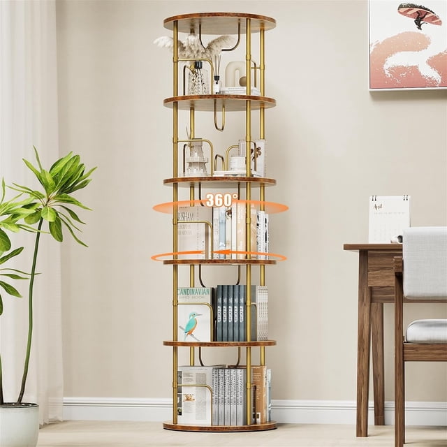 Flycity 5 Tier Rotating Bookshelf in gold, designed with a 360° rotating base and visible partition storage. This corner storage rack features five tiers, each divided into four compartments, providing organized and space-saving storage for books and decorative items. Made from engineered wood and a sturdy metal frame, it measures 17.71 inches in diameter and 62.99 inches in height, holding 40-60 medium-sized books. The round design prevents sharp edges, making it ideal for living rooms, bedrooms, or offices. Displayed in a modern room setting with books and decor.
