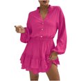 thumbnail image 4 of AherBiu Robes à Manches Longues pour Femmes, Col en V à Boutons, Robe Courte Plissée à Volants, 4 of 7