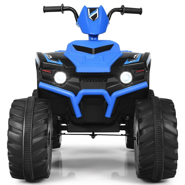 Patiojoy 12V Electric Kids Quad ATV Ride on Car in navy blue with LED headlights, durable black wheels, and a sturdy design. This powered ride-on features Bluetooth connectivity, USB slot, and slow start technology for safety. Ideal for outdoor play, it is suitable for children aged 3-7 years, with a weight capacity of 77 lbs and speeds ranging from 2.8-5 km/h.