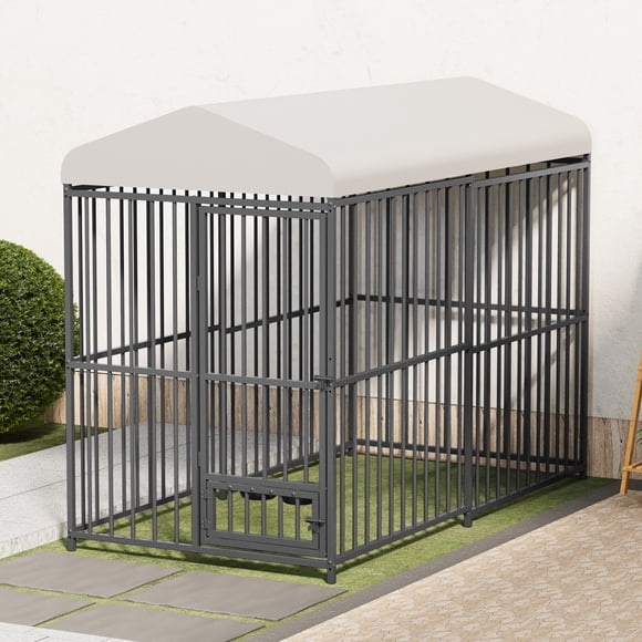 Bingirl Outdoor Dog Kennel, 4x4x6Ft Metal Dog Kennel with Roof, Safety Lock & Rotating Feeder, Suitable for Dogs, Cats, Chickens, Rabbits