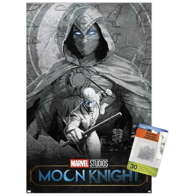 Marvel Moon Knight - Affiche Murale Teaser, 22,375 Pouces x 34 Pouces, Présentant une Oeuvre en Niveaux de Gris de Moon Knight avec des Yeux Lumineux et un Emblème de Lune en Croissant sur Sa Cape à Capuche, Tenant des Armes. une Figurine Plus Petite en Complet Blanc Manie des Bâtons devant un Paysage Urbain Sombre. Inclut le logo des Marvel Studios et 30 Punaises Transparentes pour une Suspension Facile, Convient à la Déco Murale de la Maison Ou du Bureau.