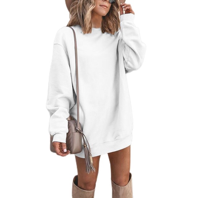 LUXUR Robe Chandail à Manches Longues pour Femmes, Unie, d'Hiver, à Enfiler, Blanche, TG
