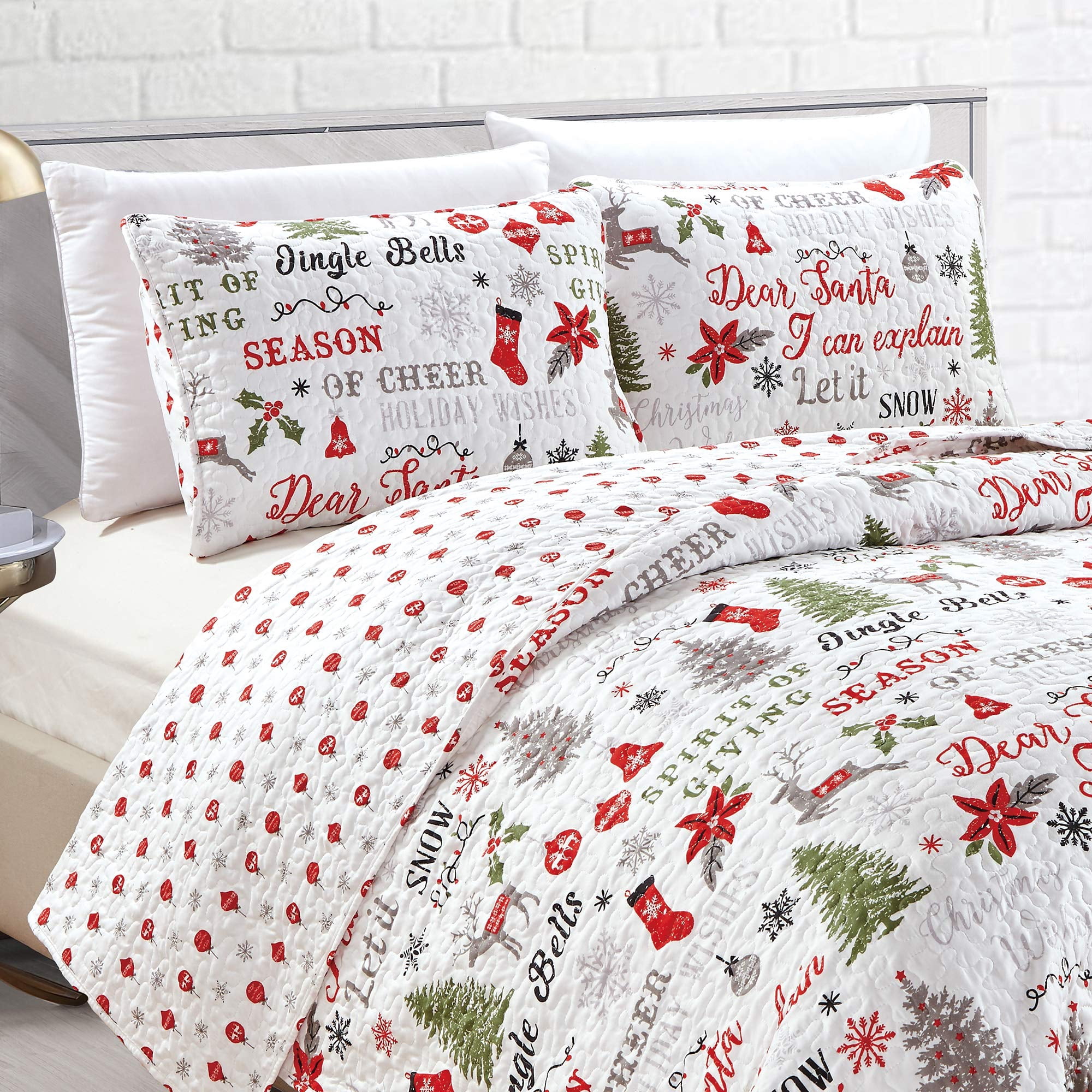 Ensemble de Courtepointe de Noël 3 Pcs avec Couvre-Oreillers. Couvre-Lit Réversible avec Motif des Fêtes. Carol Collection (Très Grand)