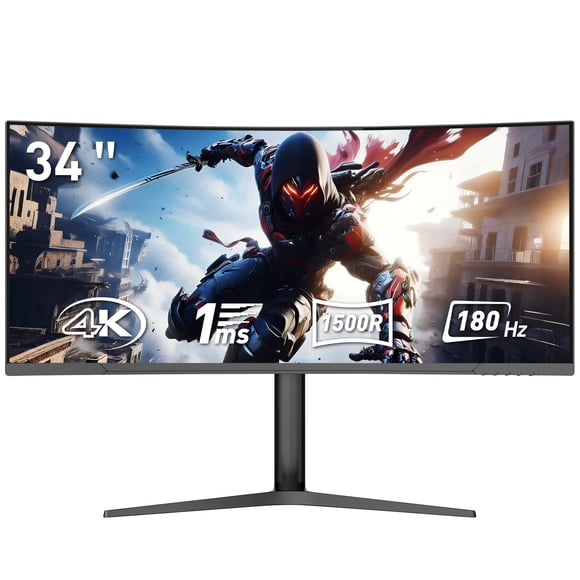 Auusda 34" Ultra-Wide Curved Gaming Monitor, 3440×1440 UWQHD, 180Hz, 1ms, 1500R VA, 4000:1 Contrast, 2 HDMI/DP, VESA Mount, RGB Lighting, Black