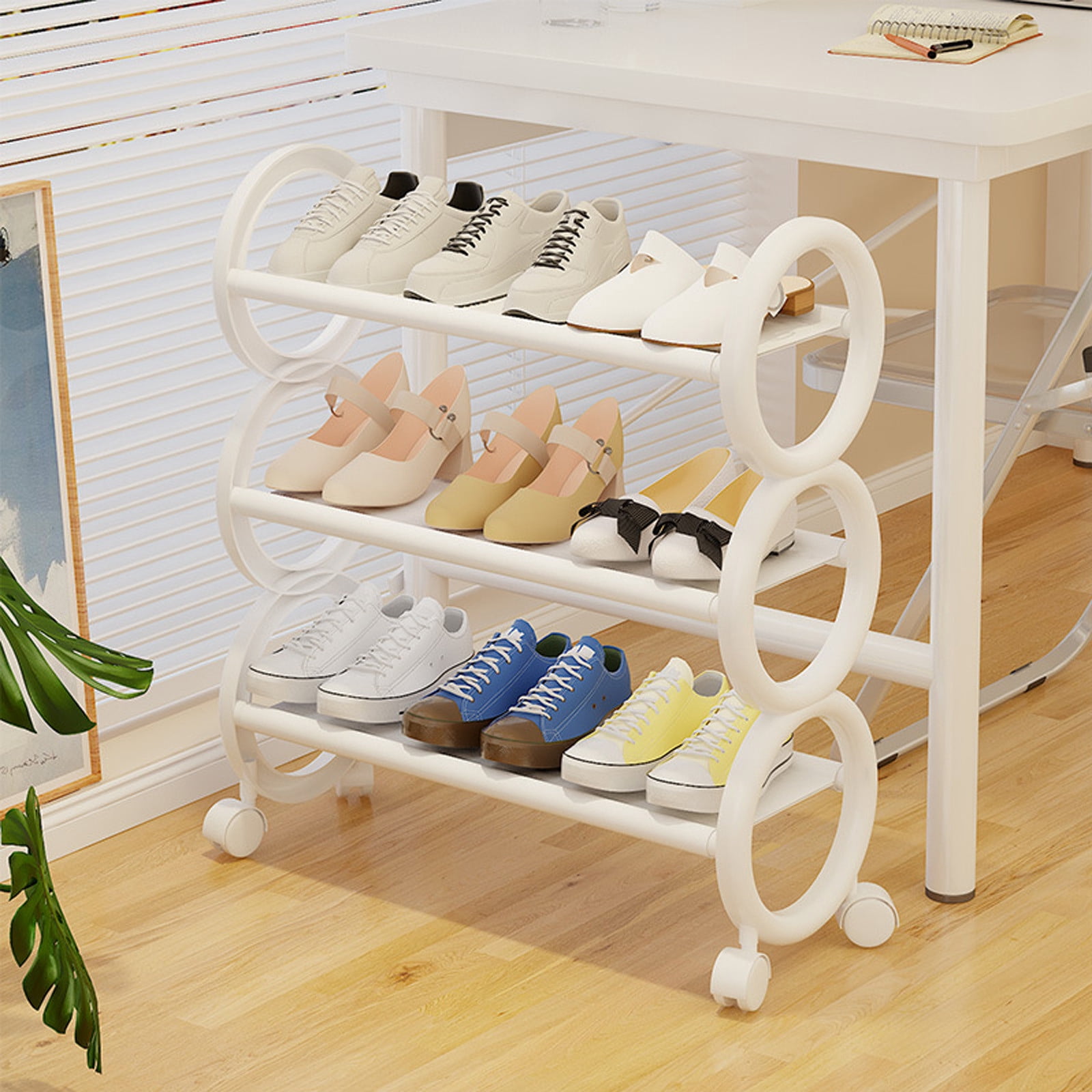 Dvkptbk Shoe Rack With Wheels Movable Shoe Rack Organizer Three Tier Shoe Storage Cabinet For Everyday Items Suitable For Bedroom Closet Entryway Bedroom Under Table
