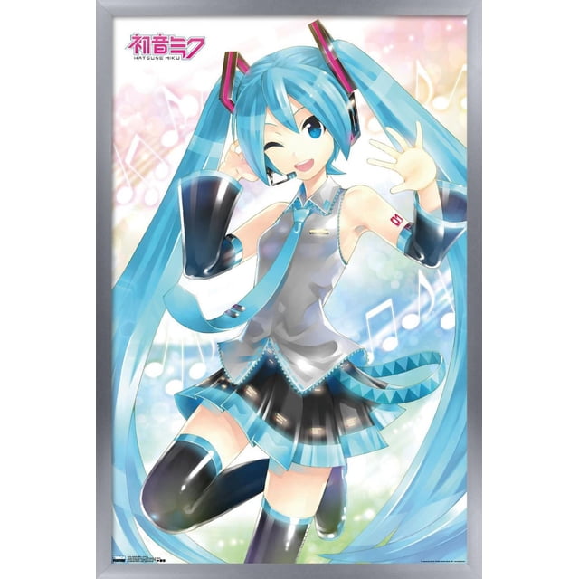 Hatsune Miku - Waving Wall Poster, 22.375" x 34" depicting the anime character Hatsune Miku with long turquoise twin tails, wearing a sleeveless silver top with blue accents, a blue tie, black and blue pleated skirt, and black thigh-high boots. The glossy poster features musical notes on a pastel background, perfect for wall art and home décor.