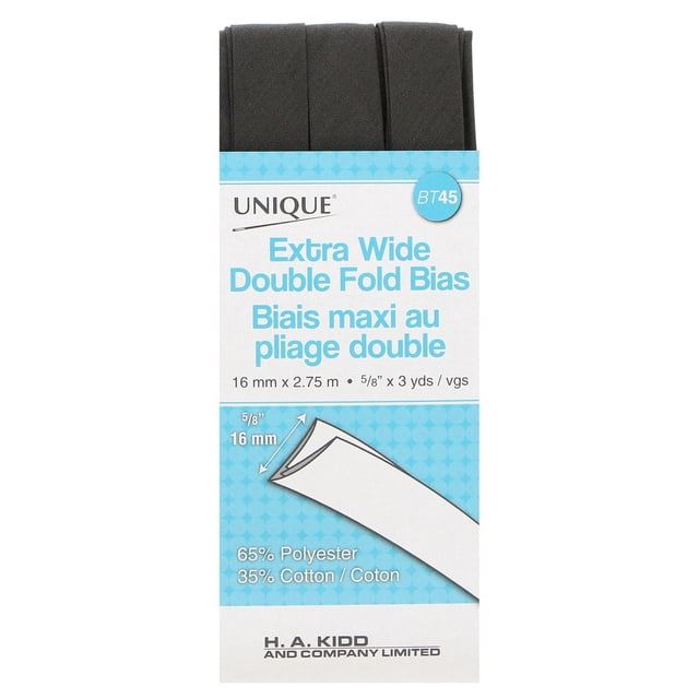 UNIQUE Extra‑Wide Double‑Fold Bias Tape in dark grey, 15–16 mm wide and 2.75 m long, made of 65% polyester and 35% cotton polycoton blend, designed to wrap curves smoothly and reinforce edges on bags, apparel, and crafts, suitable for home and classroom sewing kits.