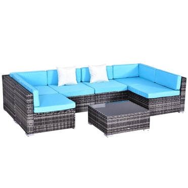 Outsunny ensemble sectionnel en osier de jardin 7 pièces avec table à thé, canapé de salon en rotin avec coussin, meubles de terrasse extérieure tout temps bleu