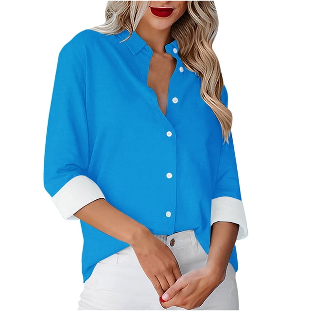 Besolor Button Down Shirts for Women Solid Color Long Sleeve Colared Tops Loose Office Blouses for Casual Work