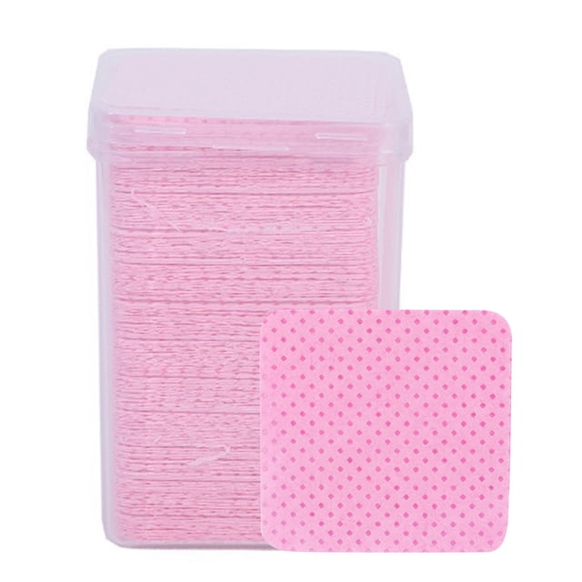 Lint Free Wipes, Nail Polish Remover Pad Skin Friendly Cotton Soft for Extensions Nails. The image shows a stack of pink lint-free wipes made from fiber cotton, neatly stored in a transparent plastic storage box. A close-up view highlights the textured surface of the wipes, designed for multi-purpose use such as makeup removal, nail polish removal, and cleaning eyelash glue. Safe for all skin types, including sensitive skin. Package includes 200 wipes and a storage box.