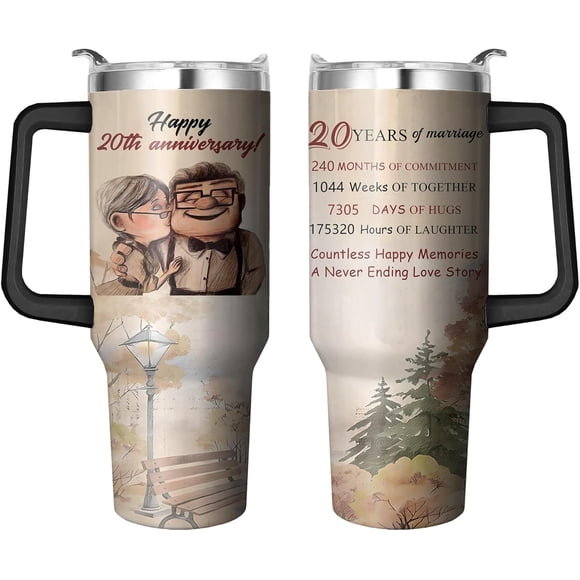 20 Year Gifts Anniversary Tumbler with Handle and Straw, 40 Oz Anniversary Cups Stainless Steel Anniversary 20 Years Gifts, Valentine Mug 20th Wedding Gifts Anniversary for Couple, Parents, Friends