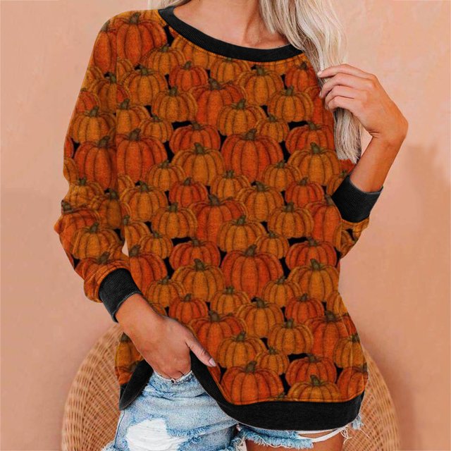 Liquidation à 50 % Chandail Surdimensionné pour Femmes 2023 Décontracté Manches Longues Col Rond Hauts Blouse Ample Chandail à Imprimé d'Halloween Graphique