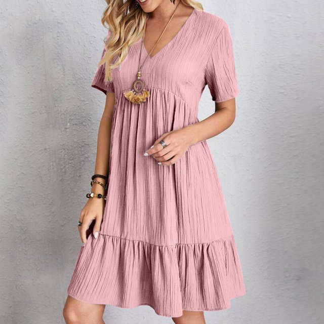 Ovzne Robes Grande Taille pour Femmes aux Formes Robe de Plage Mode Femmes Été Décontractée Col en V Manches Courtes Robe Mini Robe de Vacances Manches Courtes Liquidation