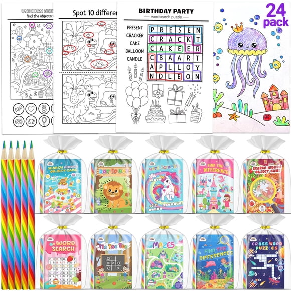 ZMLM 24 Activity Books Party Favors for Kids - Bulk 24 Colored Pencils Birthday Goodie Bag Items Loot Bags Fillers Mini Coloring Books for Kids 4-8 8-12 Return Gifts Classroom Game Prizes Travel