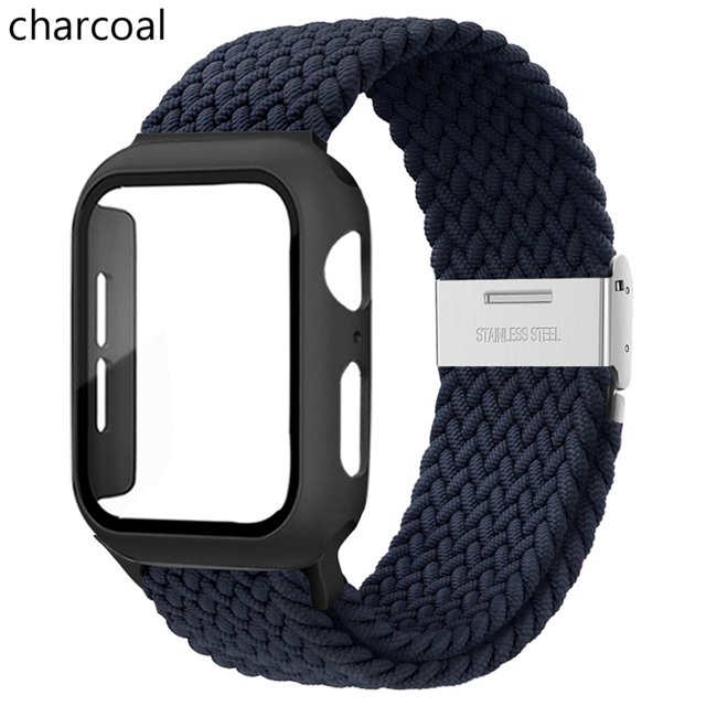 LEIXIUER Nylon Band for Apple Watch Bands with Case 45mm 41mm, Adjustable Braided Solo Loop with Glass Screen Protector Case ,Soft Wristband Stretch Nylon Elastic Strap for Apple Watch Series 7 45 mm