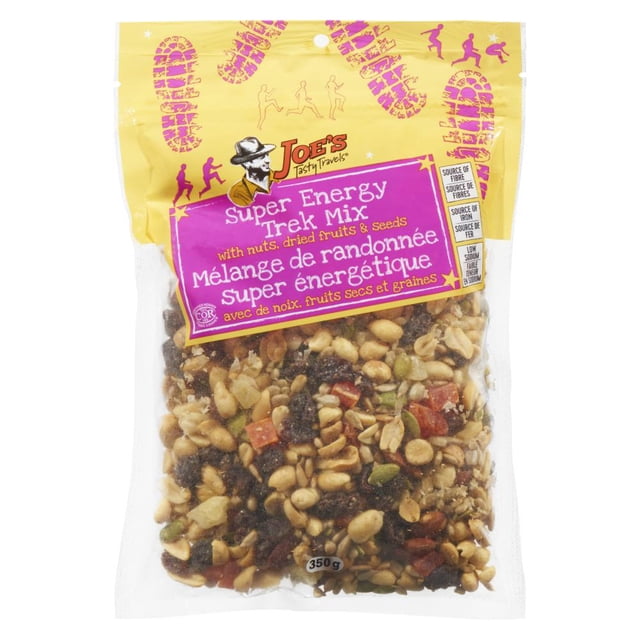 JOE'S TASTY TRAVEL SUPER ENERGY TREK IT MIX 350G in a clear yellow resealable bag showing a trail mix of nuts, dried fruits, and seeds. The packaging notes it as a source of fibre, iron, and low sodium, ideal for snacking and energy during hiking, gym, or travel.
