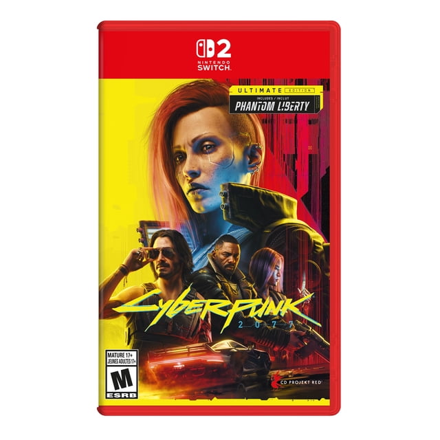 Cyberpunk 2077: Édition Ultime Nintendo Switch 2, Couverture de Jeu Mettant en Vedette un Paysage Urbain Futuriste Jaune Néon et Rouge, Trois Personnages Cyberpunk Armés, une Voiture de Sport Éclairée au Rouge et une Extension de Marque Phantom Liberty avec Cote mature 17+ ERB.