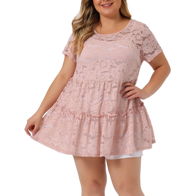 GRACE & GRANDEUR Tunique pour Femme Grande Taille à Volants en Dentelle, Col Rond, Manches Courtes, Hauts Péplum 2X Rose Pâle
