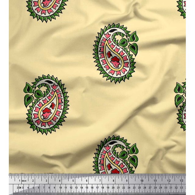 Soimoi Crepe Silk Fabric Paisley Block Printed Fabric 1 Yard 42 Inch Wide