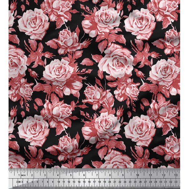 Soimoi polyester Crepe Fabric Leaves & Rose Flower Printed Fabric 1 Yard 42 Inch Wide