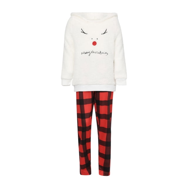 Nituyy Christmas Family Pajamas Set with a white long-sleeve top featuring deer embroidery and 'Merry Christmas' text, paired with red and black plaid trousers. Made of polyester, designed for men, women, kids, and babies. Perfect holiday pajamas for family matching outfits and festive occasions.