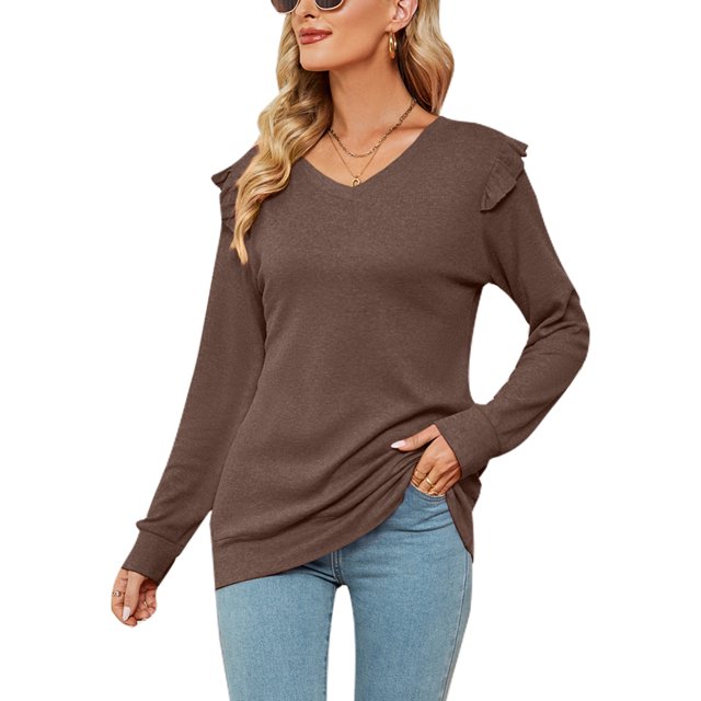 MAWCLOS Women Loose V Neck Tee Loungewear Solid Color Tunic Blouse Coffee S