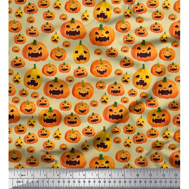 Soimoi Rayon Crepe Fabric Pumpkin Halloween Print Fabric by Yard 46 Inch Wide