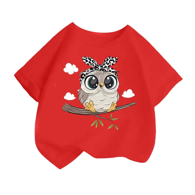 T-shirts Filles Imprimés Mignons Col Rond Manches Courtes Tee Été Mode Ample Vêtements Petites Filles Rouge 6-8 Ans