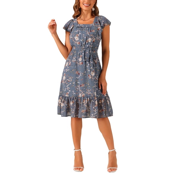INSPIRE CHIC Women's Dress Floral Square Neck Flutter Cap Sleeves Ruffled Midi Wedding Guest Dress XL Dusty Blue