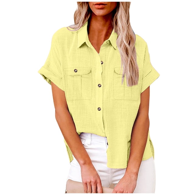 fheaev Button Up Shirts For Women Roll Up Short Sleeve Button Down Cotton Linen T-Shirts With Pocket V-Neck Work Tunics Blouse Collared Tops