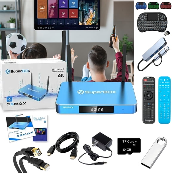 Superbox S5 Max 2025 Nouveau avec Cordon d'Alimentation Télécommande Vocale 6K Ultra HD, 4 Go RAM + 64 Go ROM (Instructions d'Installation Détaillées Super Rapides et Faciles)