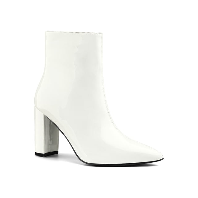 Unique Bargains Women's Pointed Toe Zipper Patent Leather Ankle Chunky Boots