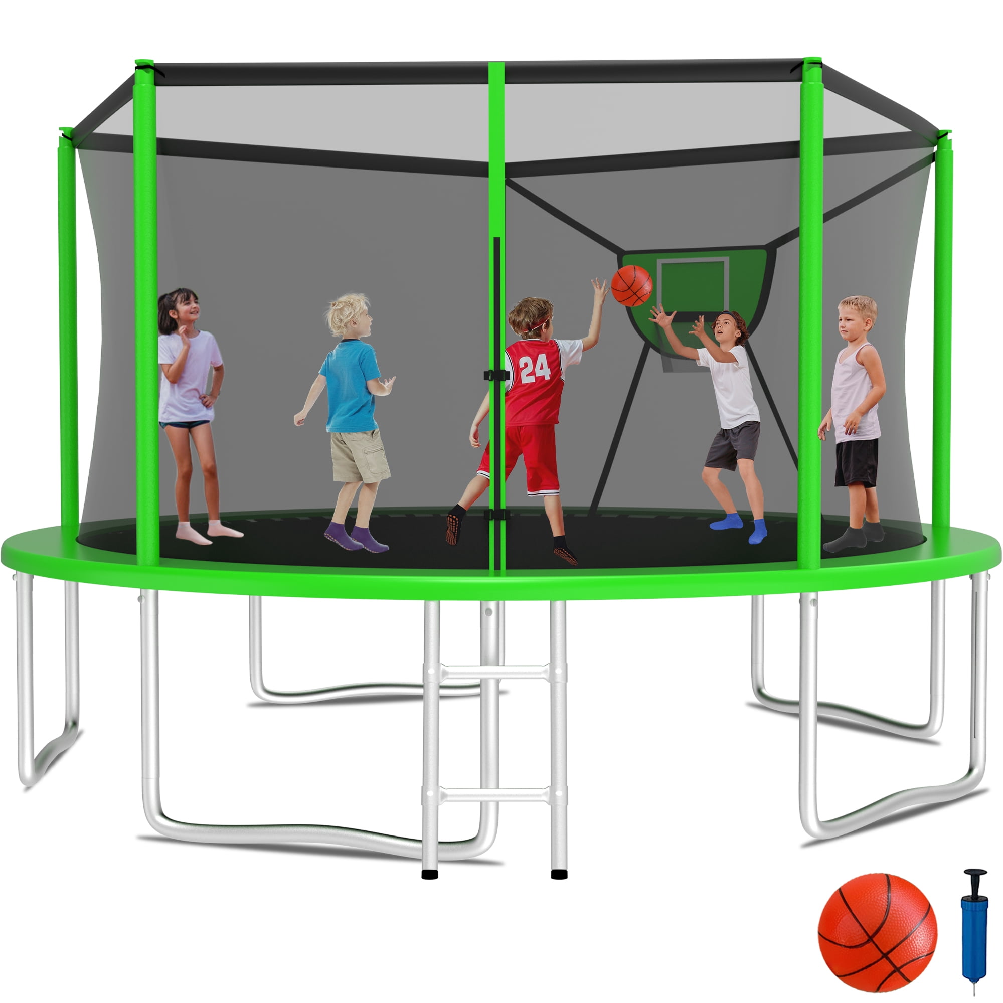 KOFUN 1400LBS 14FT Trampoline for Kids and Adults Outdoor Backyard Trampoline with Safety Enclosure Net, Removable Basketball Hoop, Ladder, A Ball, Green