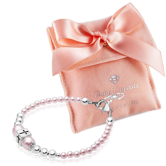 Baby Crystals Delicate Baptism Pearl Bracelet for Girls, Sterling Silver Cross Charm Baptism Gifts for Girl Embellished with High-end Pink Simulated European Pearls, Girls Jewelry