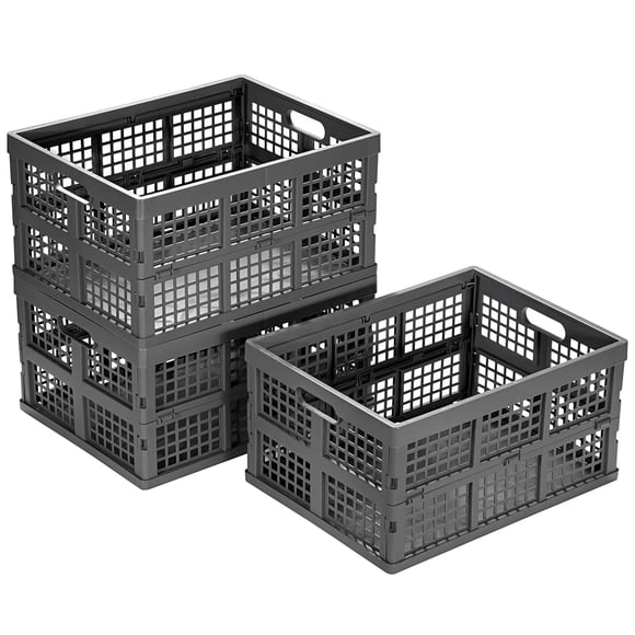Eslite 34L Large Plastic Folding Storage Crates Collapsible Crates for Storage Pack of 3 (Grey)