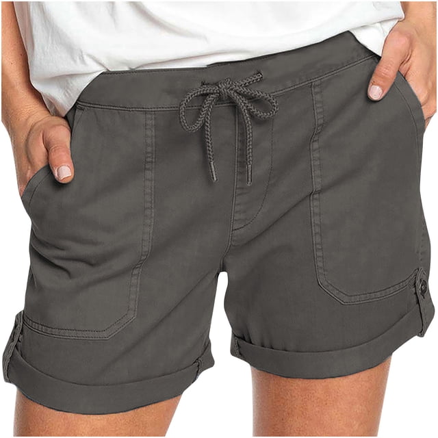 AherBiu Women's Drawstring High Waisted Button Roll Up Hem Hiking Shorts, Solid Color
