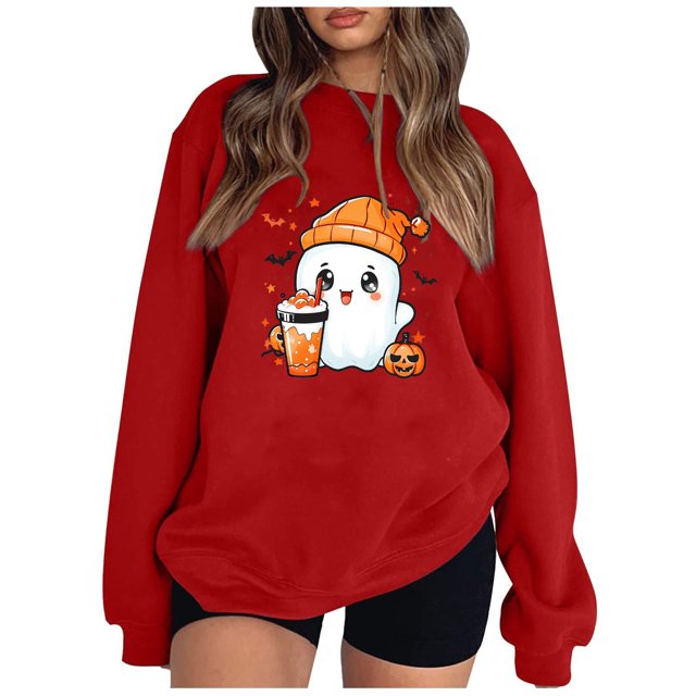 Pisexur Chandail d'Halloween pour Femmes en Molleton Orange Chandail à Manches Longues Col Rond Chandails de Mode avec Motif Citrouille Chandails à Capuche d'Halloween Hauts à Enfiler