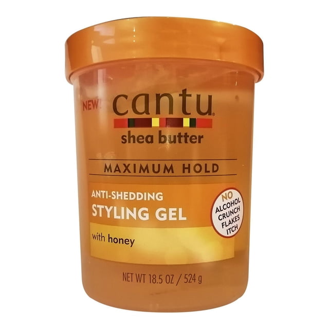Cantu Max Hold Anti-Shedding gel in an orange plastic jar with shea butter and honey, providing maximum hold and curl elongation without alcohol, crunch, flakes, or itch, net weight 18.5 oz (524 g), ideal for styling and protecting hair from shedding.