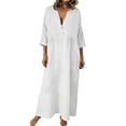 thumbnail image 1 of Xugsiok Robe en Lin pour Femmes à Boutons Manches 3/4 Col Ras du Cou Robe d'Été Couleur Unie Robes Amples Vacances Affaires Entraînement Plage Fluide Plissée Tuniques Robes Maxi d'Été, 1 of 8
