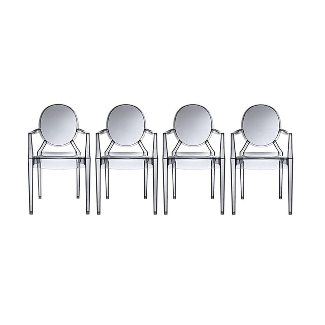 Heavenly Collection Plastic Arm Chair set of four transparent polycarbonate armchairs with King Louis oval backs, stackable and waterproof, ideal as accent chairs for indoor and outdoor living room seating.