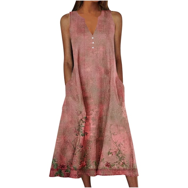 Ovzne Robes d'Été pour Femmes Robe d'Été pour Femmes Robe d'Été Décontractée pour Femmes Dégradé Sans Manches Col en V Longue Robe Robe Grande Taille Liquidation