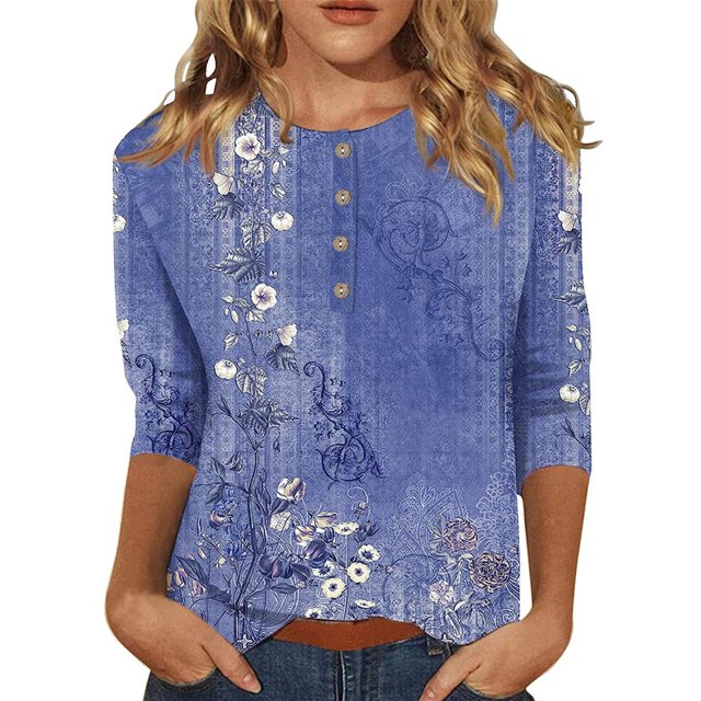 Innerwin Hauts Imprimé Floral T-Shirt Femme Col Rond Ample Bleu L
