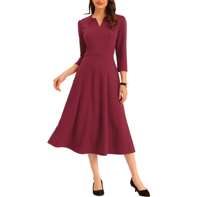 INSPIRE CHIC Robe de Travail pour Femme Ligne A Manches 3/4 Robe Midi Élégante TP Bourgogne