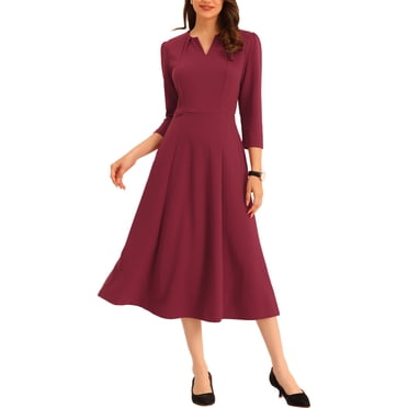 INSPIRE CHIC Robe de Travail pour Femme Ligne A Manches 3/4 Robe Midi Élégante TG Bourgogne