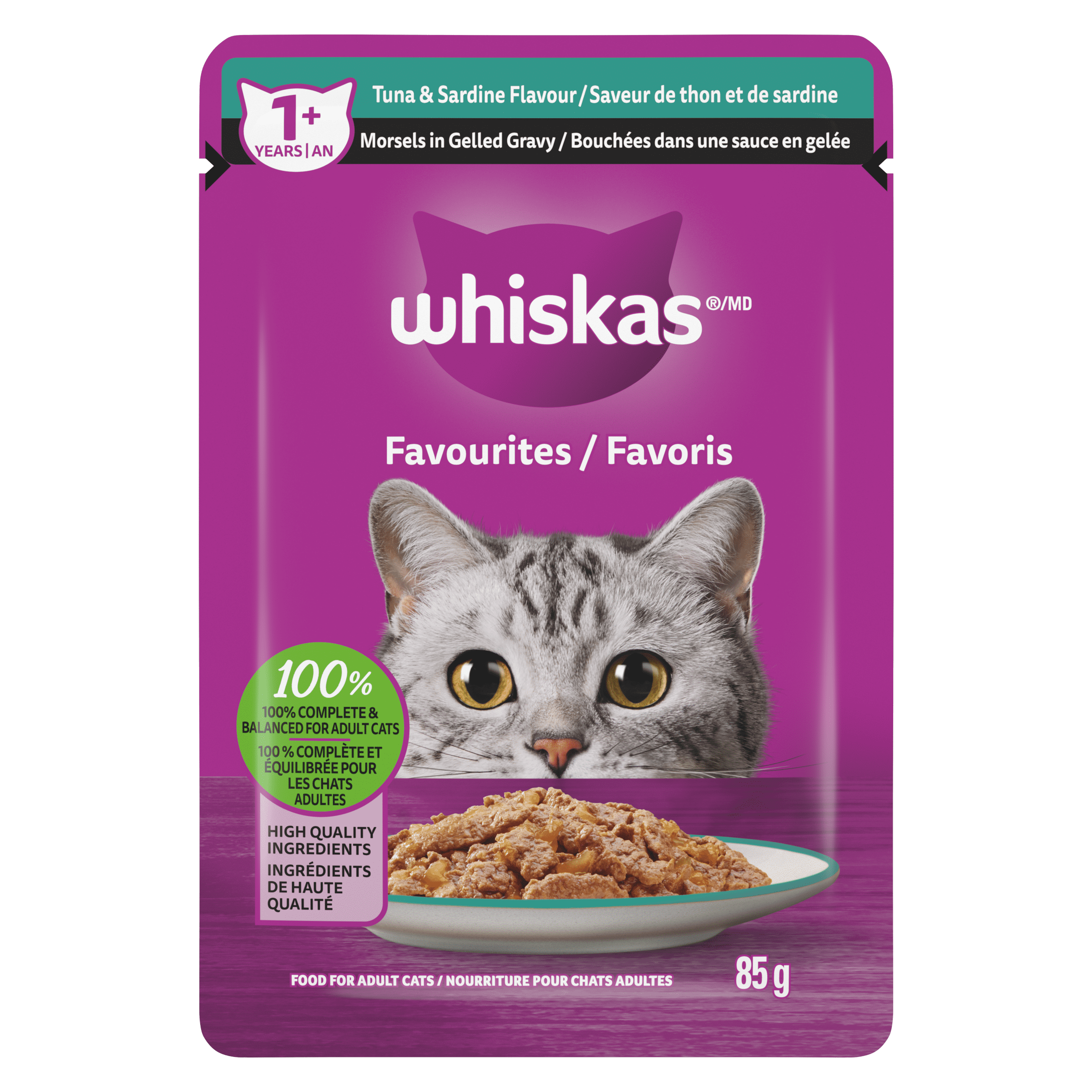 WHISKAS Favourites Adult Wet Cat Food Morsels in Gelled Gravy Tuna & Sardine Flavour 85g Pouch