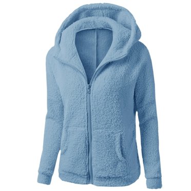 Zpanxa Manteau à Capuche pour Femmes Manteau en Laine Chaud d'Hiver à Fermeture Éclair Manches Longues Vestes pour Femmes Mode Habillée Veste en Polaire Duveteuse avec Capuche Amovible Bleu TTG