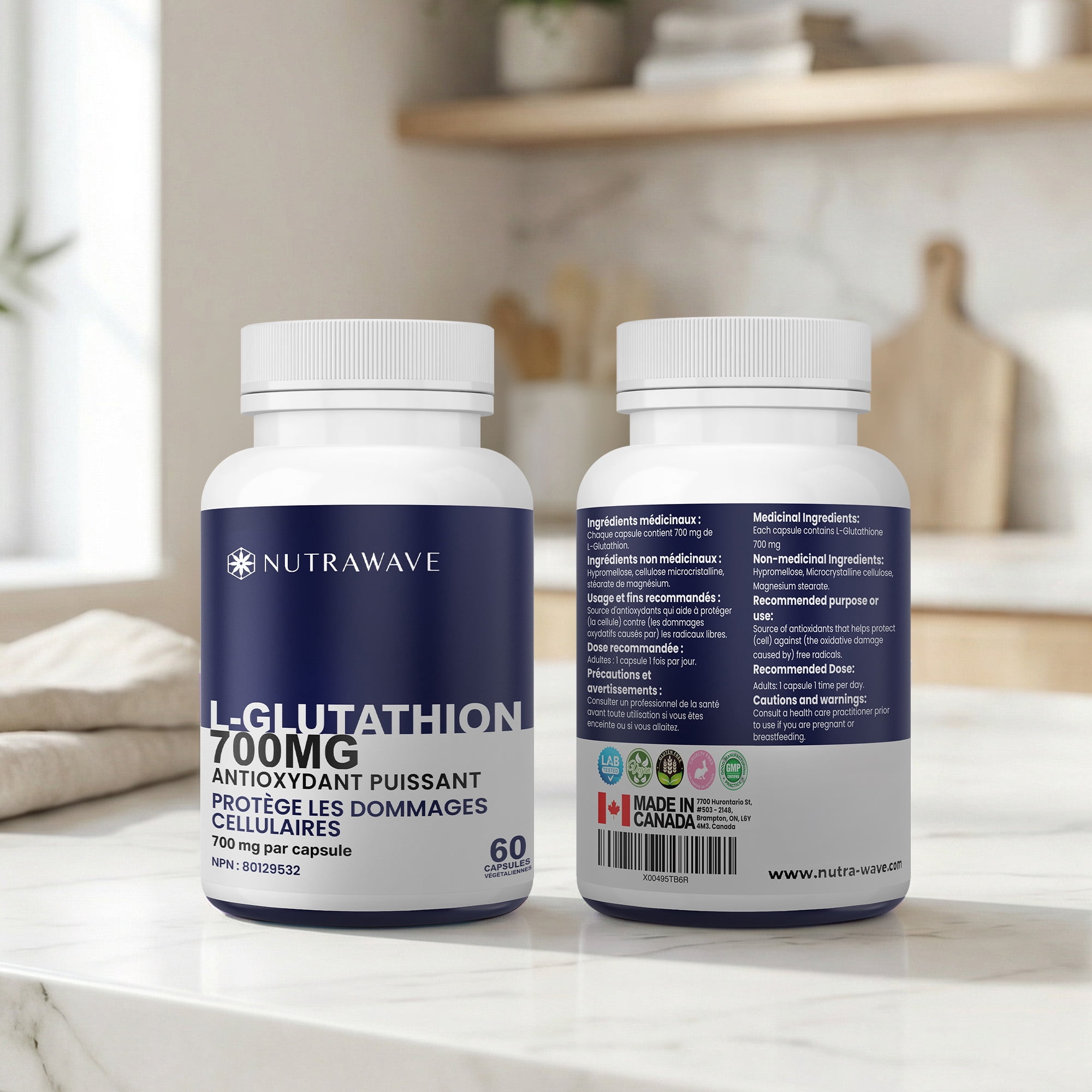 Nutrawave L-Glutathione 700 mg – Antioxidant Support for Skin & Immune Health, Fermentation-Sourced, 60 Vegan Capsules, Non-GMO, Gluten-Free, Made in Canada